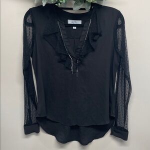 Libby Edelman Black Ruffle Rhinestone Collar Long Mesh Dot Sleeve Blouse S